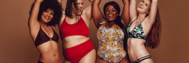 Group of diverse women wearing sustainable and ethical swimsuits